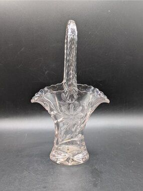 Vintage Duncan Miller Cornflower Clear Cut Etched Glass Bride's Basket Vase 9"